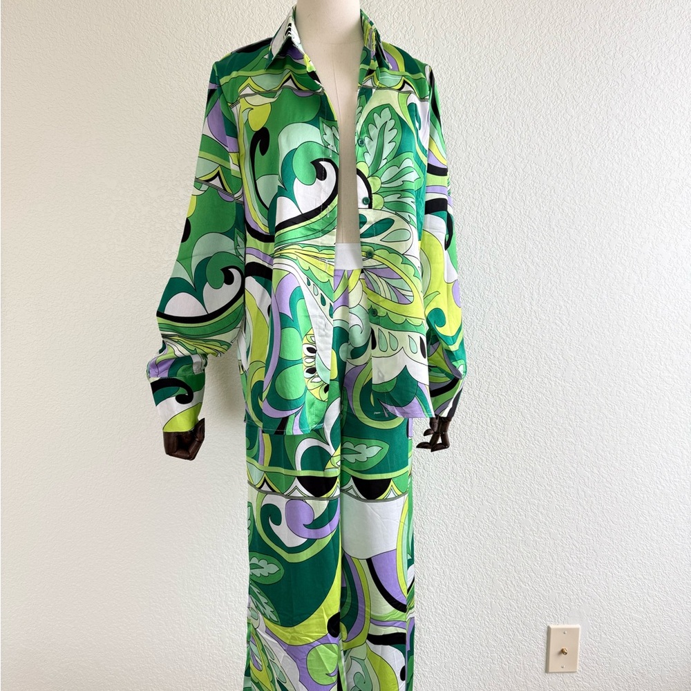 Green Abstract Print Wide-Leg Jumpsuit